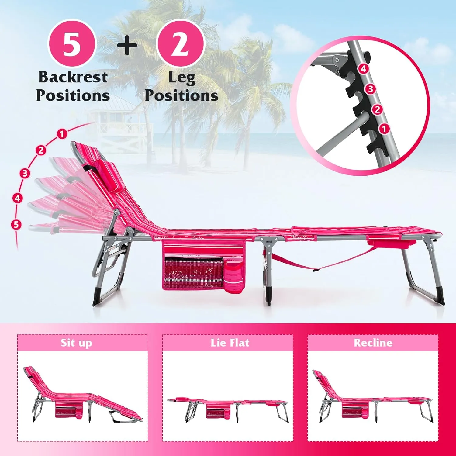 GYMAX Tanning Chair, 400LBS Beach Lounge w/Face Arm Hole & Shoulder Strap, Folding Layout Sunbath Chair, Face Down Outdoor Chaise Lounger for Patio, Poolside, Lawn, Backyard (1, Pink Stripe)