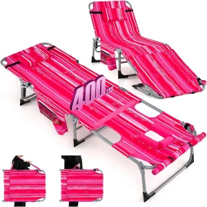 GYMAX Tanning Chair, 400LBS Beach Lounge w/Face Arm Hole & Shoulder Strap, Folding Layout Sunbath Chair, Face Down Outdoor Chaise Lounger for Patio, Poolside, Lawn, Backyard (1, Pink Stripe)
