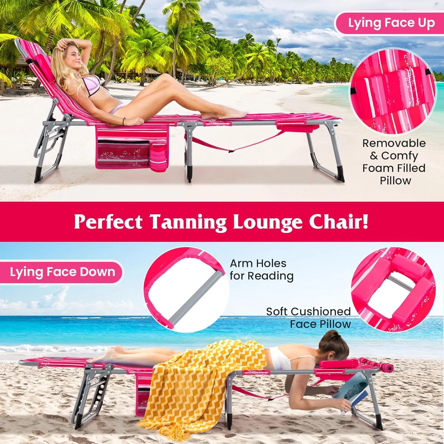 GYMAX Tanning Chair, 400LBS Beach Lounge w/Face Arm Hole & Shoulder Strap, Folding Layout Sunbath Chair, Face Down Outdoor Chaise Lounger for Patio, Poolside, Lawn, Backyard (1, Pink Stripe)
