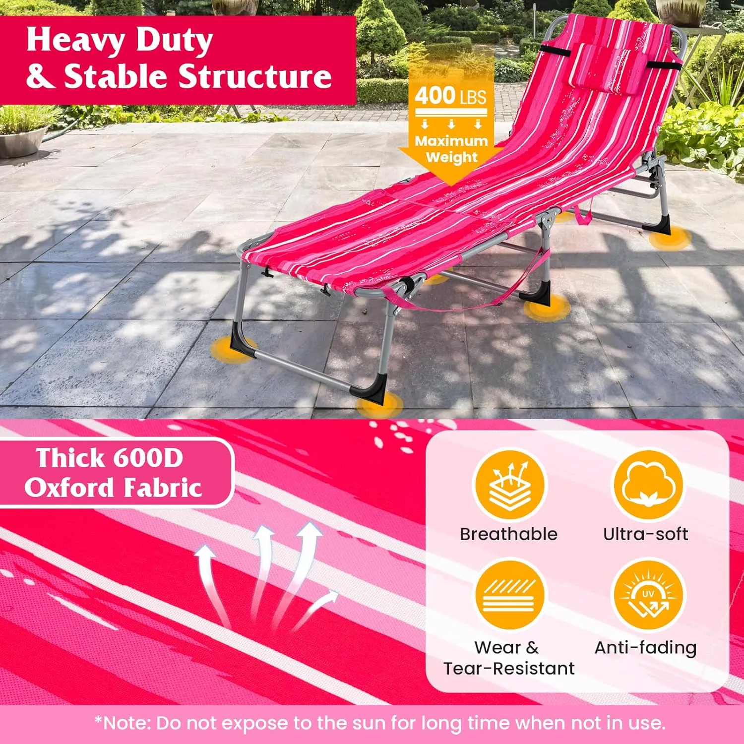 GYMAX Tanning Chair, 400LBS Beach Lounge w/Face Arm Hole & Shoulder Strap, Folding Layout Sunbath Chair, Face Down Outdoor Chaise Lounger for Patio, Poolside, Lawn, Backyard (1, Pink Stripe)