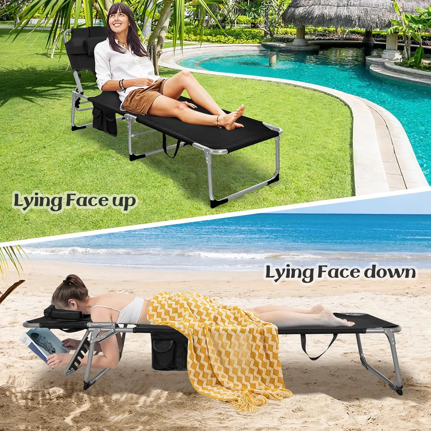 GYMAX Tanning Chair, Folding Lounger with Face/Arm Holes, Carry Handles & Side Pocket, Portable Lightweight Layout Beach Chair for Outdoor/Indoor, Face Down Sun Lounger (1, Black)