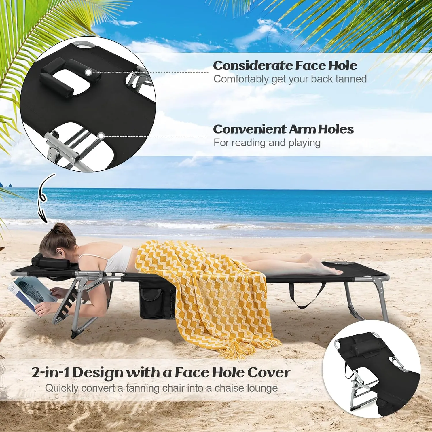 GYMAX Tanning Chair, Folding Lounger with Face/Arm Holes, Carry Handles & Side Pocket, Portable Lightweight Layout Beach Chair for Outdoor/Indoor, Face Down Sun Lounger (1, Black)