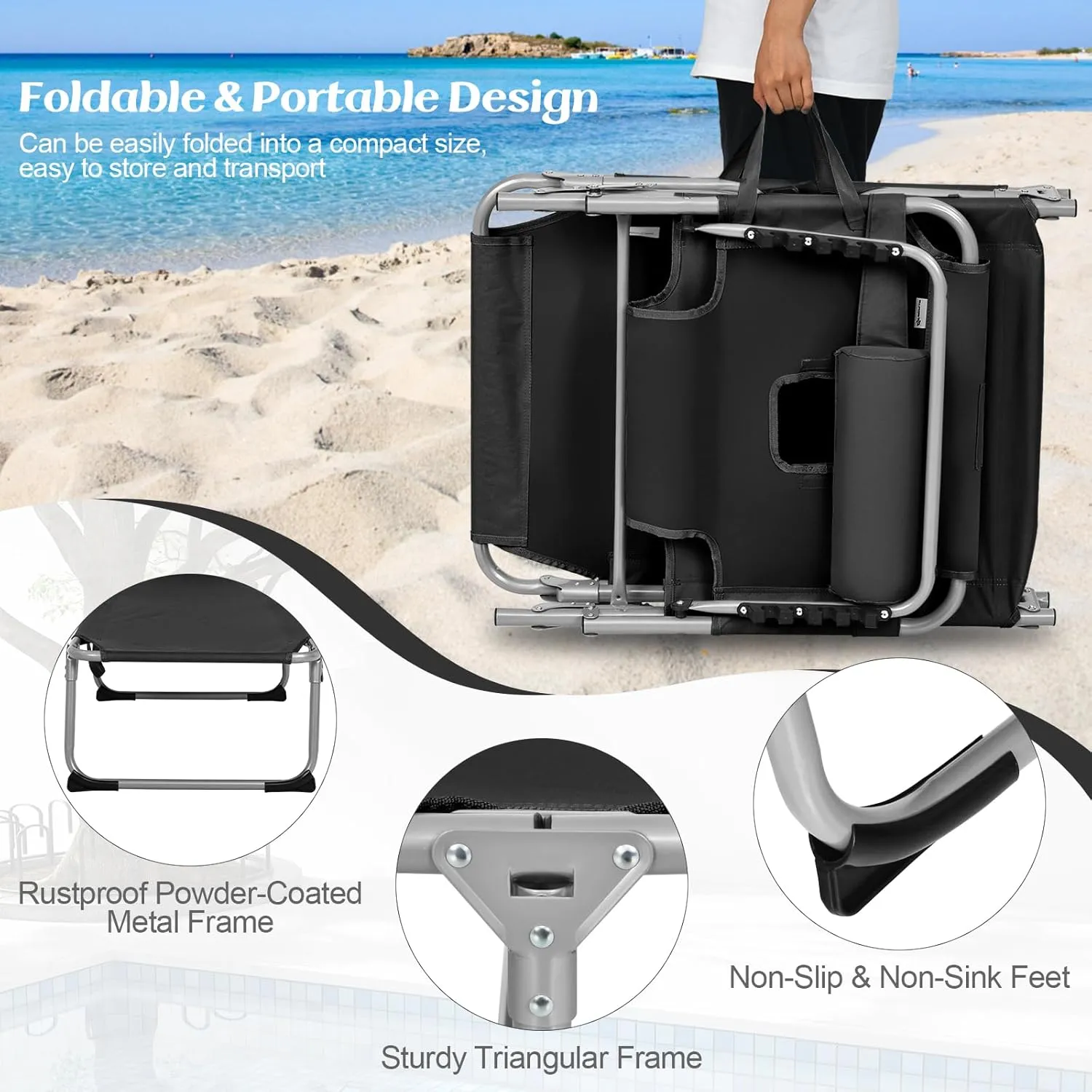 GYMAX Tanning Chair, Folding Lounger with Face/Arm Holes, Carry Handles & Side Pocket, Portable Lightweight Layout Beach Chair for Outdoor/Indoor, Face Down Sun Lounger (1, Black)