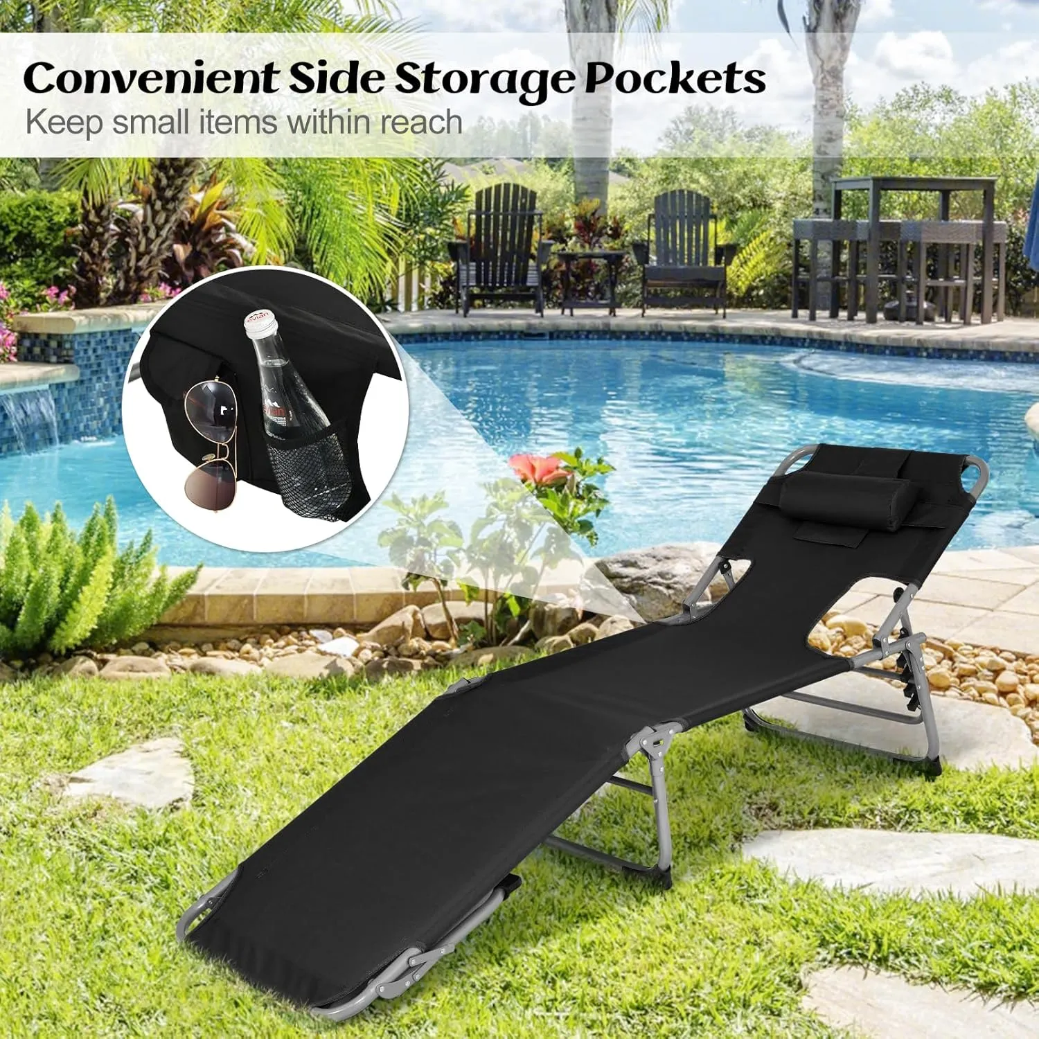 GYMAX Tanning Chair, Folding Lounger with Face/Arm Holes, Carry Handles & Side Pocket, Portable Lightweight Layout Beach Chair for Outdoor/Indoor, Face Down Sun Lounger (1, Black)