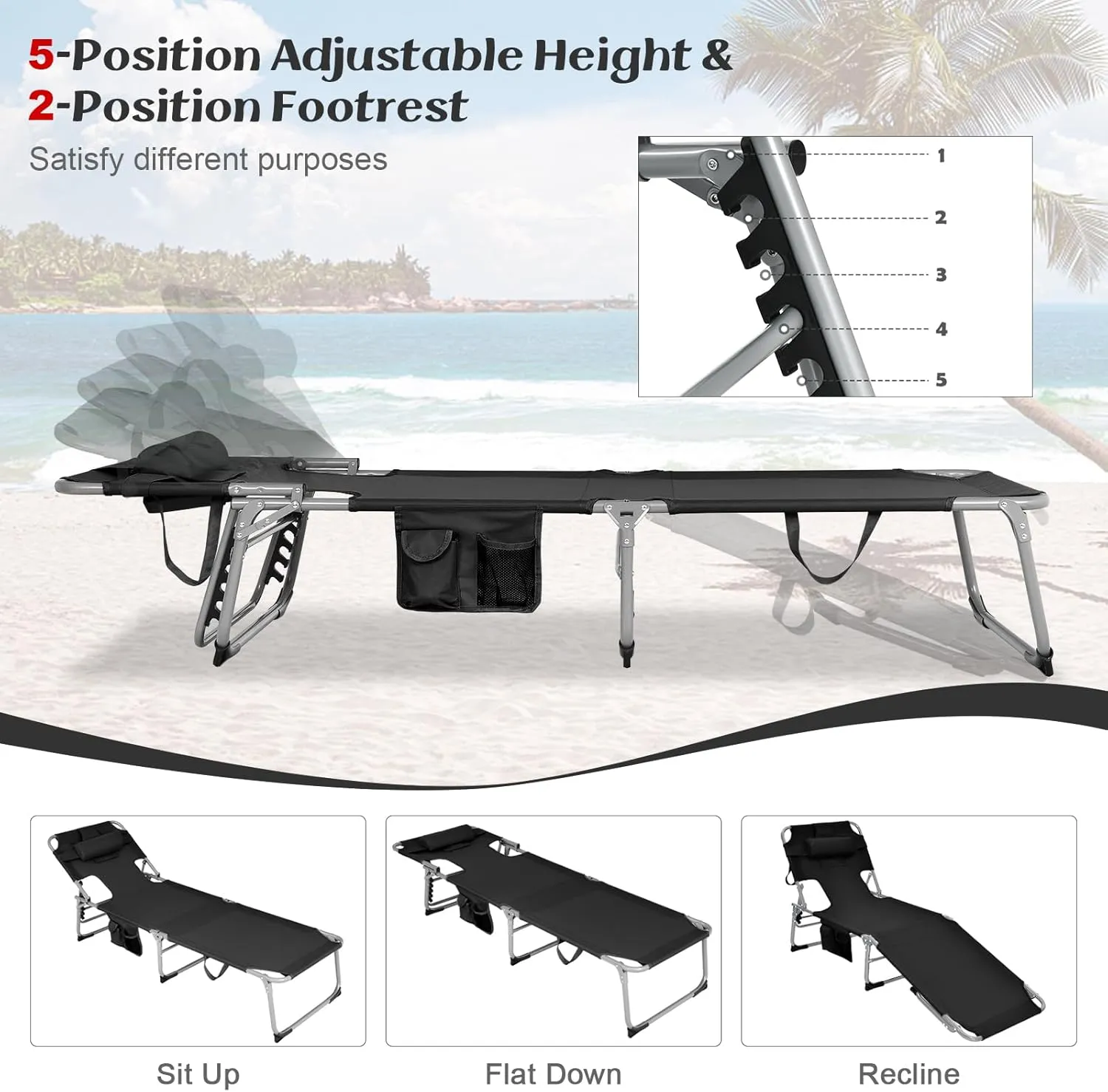 GYMAX Tanning Chair, Folding Lounger with Face/Arm Holes, Carry Handles & Side Pocket, Portable Lightweight Layout Beach Chair for Outdoor/Indoor, Face Down Sun Lounger (1, Black)
