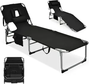 GYMAX Tanning Chair, Folding Lounger with Face/Arm Holes, Carry Handles & Side Pocket, Portable Lightweight Layout Beach Chair for Outdoor/Indoor, Face Down Sun Lounger (1, Black)