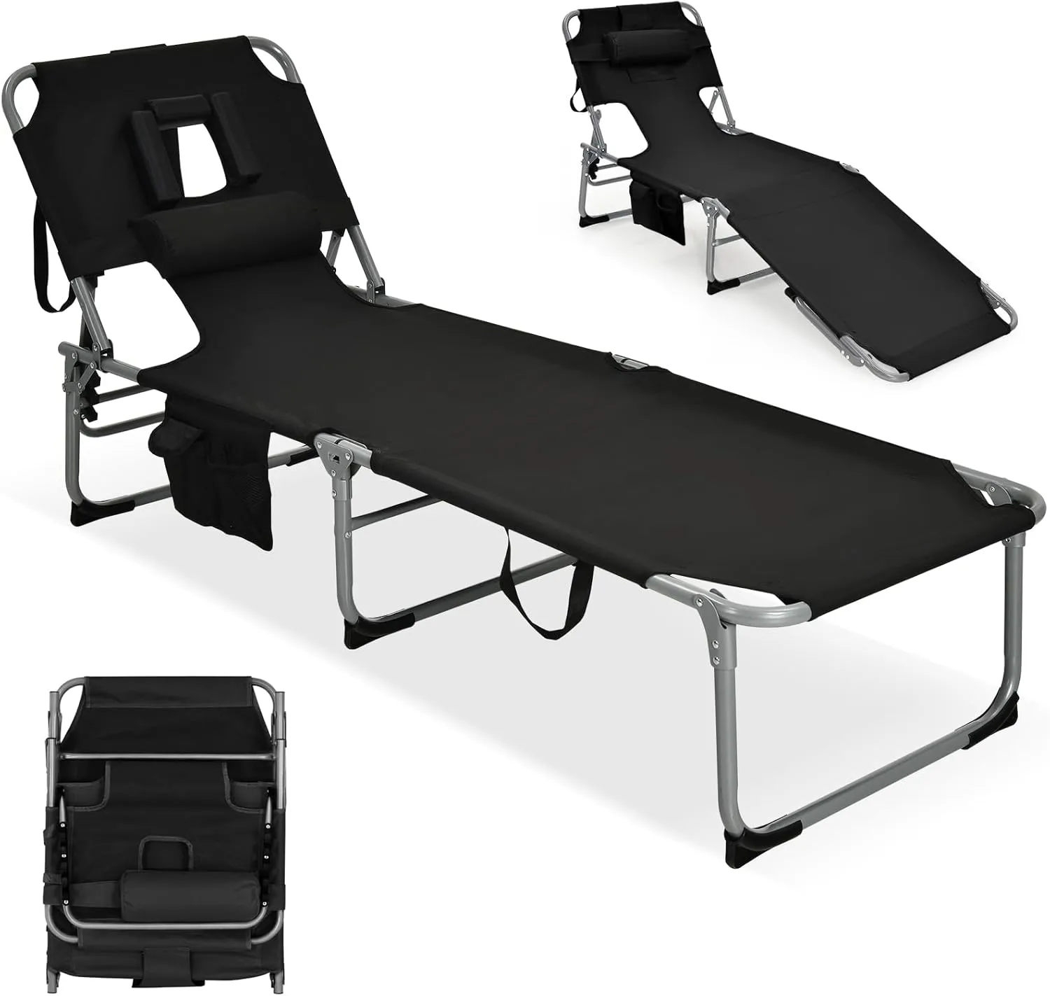 GYMAX Tanning Chair, Folding Lounger with Face/Arm Holes, Carry Handles & Side Pocket, Portable Lightweight Layout Beach Chair for Outdoor/Indoor, Face Down Sun Lounger (1, Black)