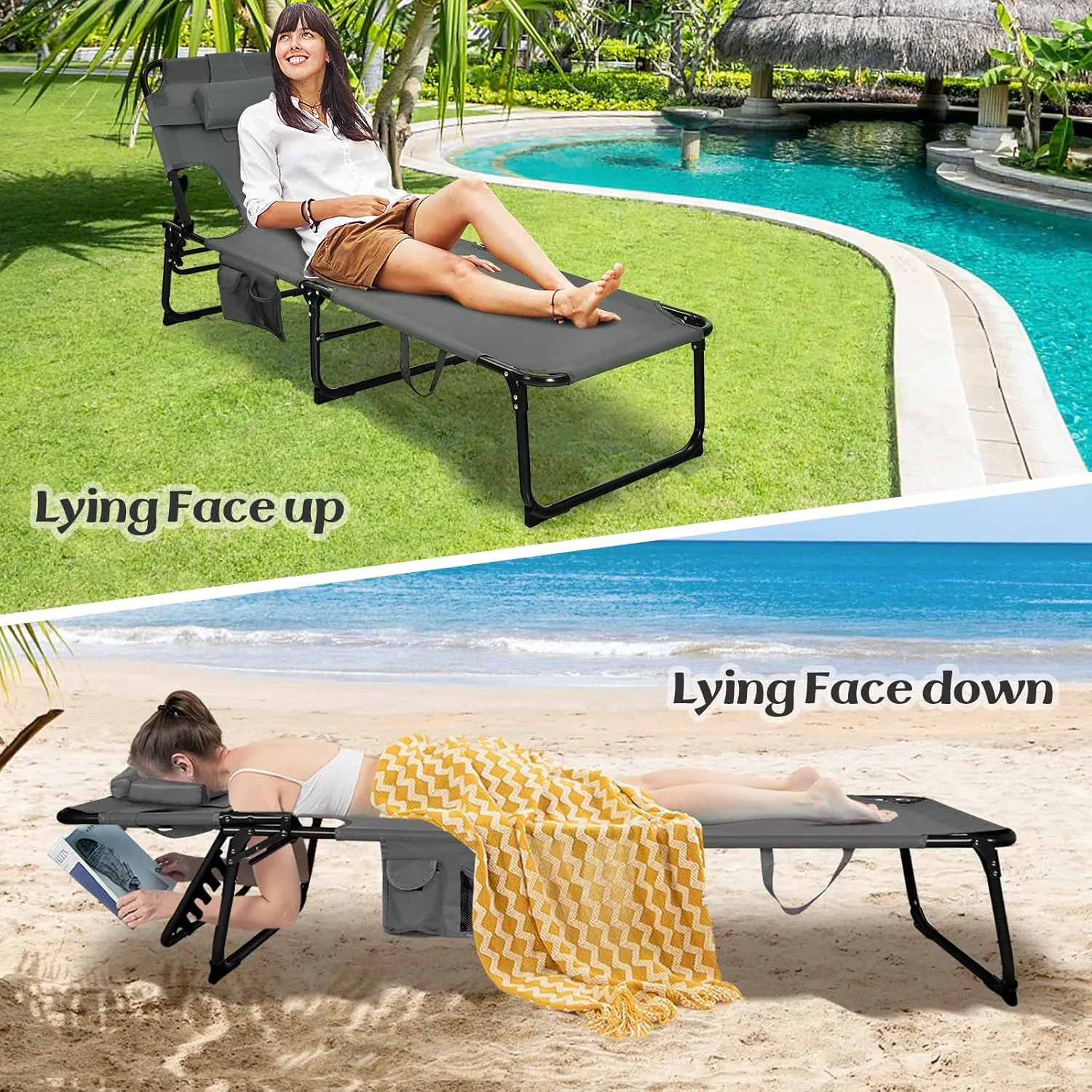 GYMAX Tanning Chair, Folding Lounger with Face/Arm Holes, Carry Handles & Side Pocket, Portable Lightweight Layout Beach Chair for Outdoor/Indoor, Face Down Sun Lounger (1, Grey)