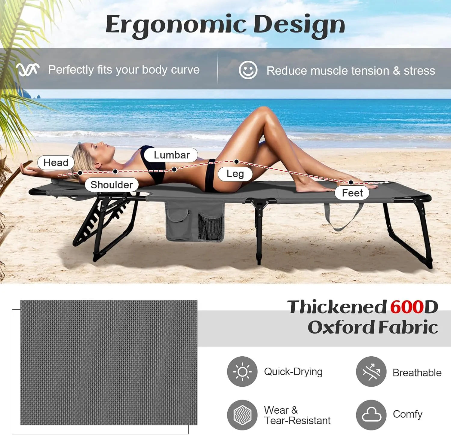 GYMAX Tanning Chair, Folding Lounger with Face/Arm Holes, Carry Handles & Side Pocket, Portable Lightweight Layout Beach Chair for Outdoor/Indoor, Face Down Sun Lounger (1, Grey)