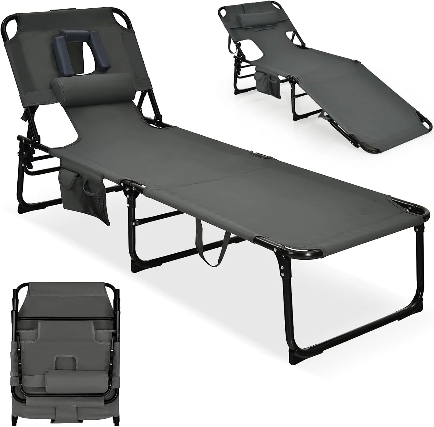GYMAX Tanning Chair, Folding Lounger with Face/Arm Holes, Carry Handles & Side Pocket, Portable Lightweight Layout Beach Chair for Outdoor/Indoor, Face Down Sun Lounger (1, Grey)