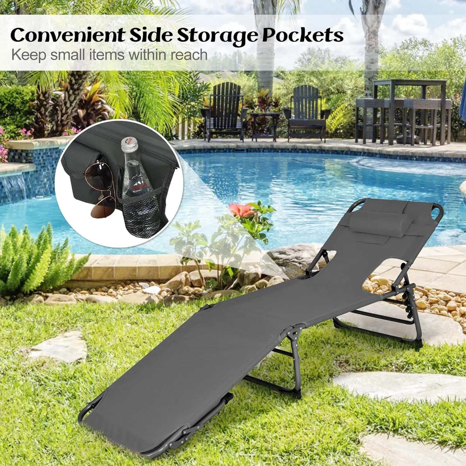 GYMAX Tanning Chair, Folding Lounger with Face/Arm Holes, Carry Handles & Side Pocket, Portable Lightweight Layout Beach Chair for Outdoor/Indoor, Face Down Sun Lounger (1, Grey)