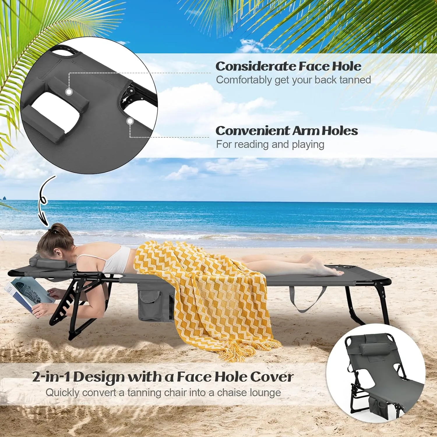 GYMAX Tanning Chair, Folding Lounger with Face/Arm Holes, Carry Handles & Side Pocket, Portable Lightweight Layout Beach Chair for Outdoor/Indoor, Face Down Sun Lounger (1, Grey)