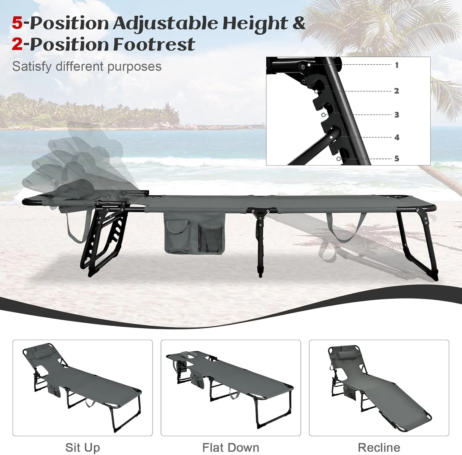 GYMAX Tanning Chair, Folding Lounger with Face/Arm Holes, Carry Handles & Side Pocket, Portable Lightweight Layout Beach Chair for Outdoor/Indoor, Face Down Sun Lounger (1, Grey)