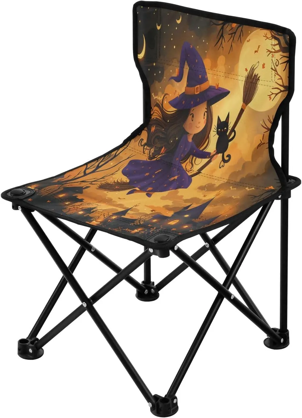 Halloween Flying Witch Portable Outdoor Folding Chair Anti-Slip Padded Oxford Cloth Stool Camping Chair Small for Beach Hiking Fishing Gardening Quad Camp Chair