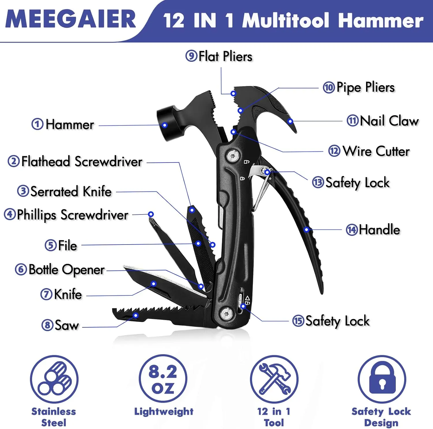 Hammer Multitool, Cool Gadgets Multi Tool with Gift Box Carrying Case Birthday Stocking Stuffers Father's Day Valentines Day Gifts for Men Husband Him Camping Accessories(Black)