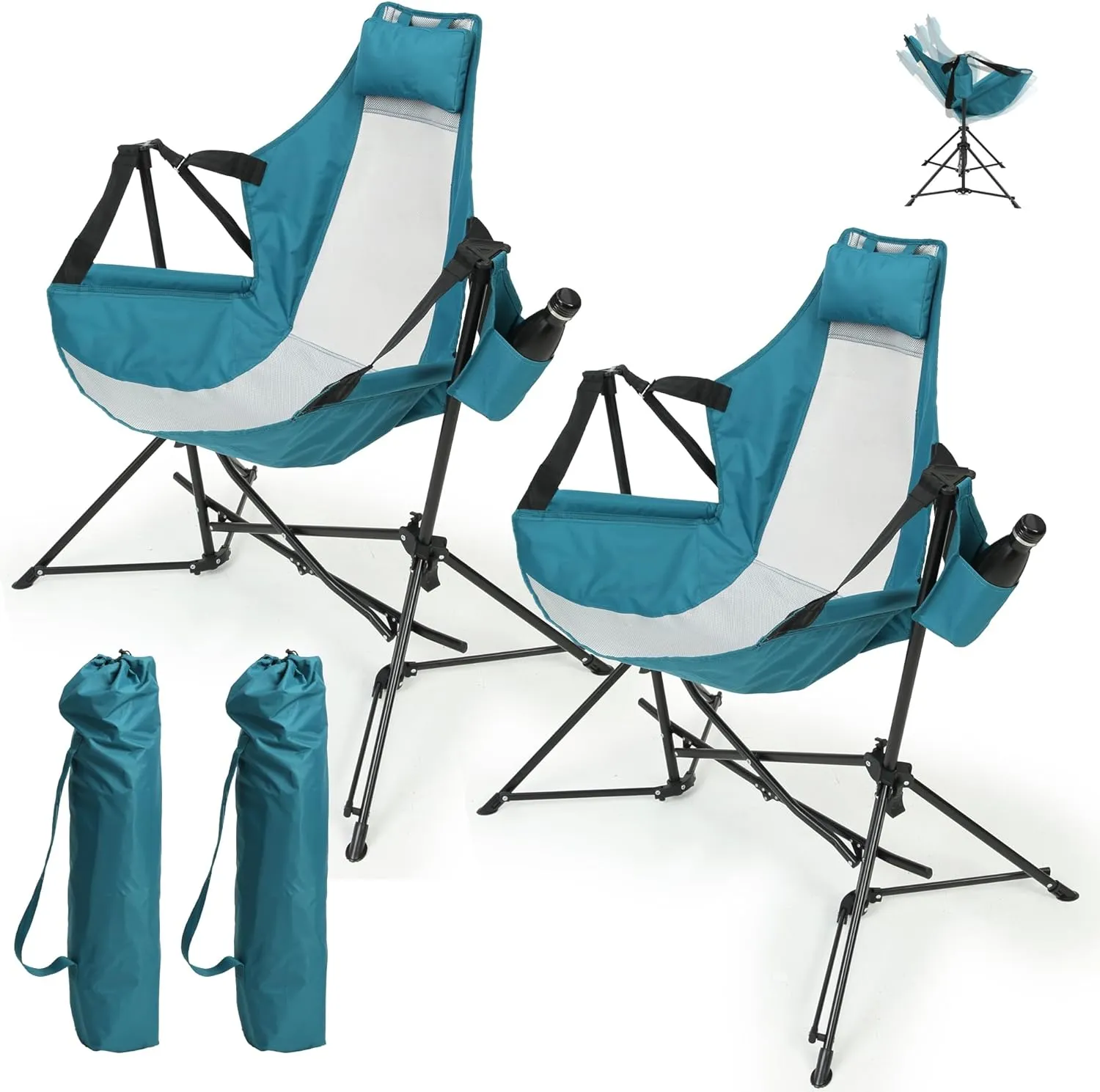 Hammock Folding Camping Chair - Outdoor Portable Swing Camp Chairs Set of 2 with Stand Adults Rocking Swinging Chair for Beach Lawn Patio (Blue)