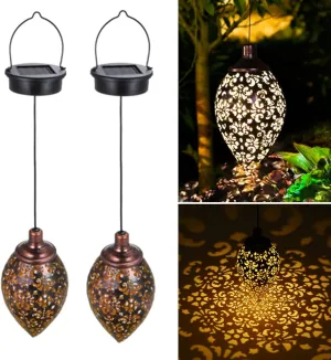 Hanging Solar Lights Solar Lantern LED Garden Lights Metal Lamp Waterproof for Outdoor Hanging Decor (2 Pack)