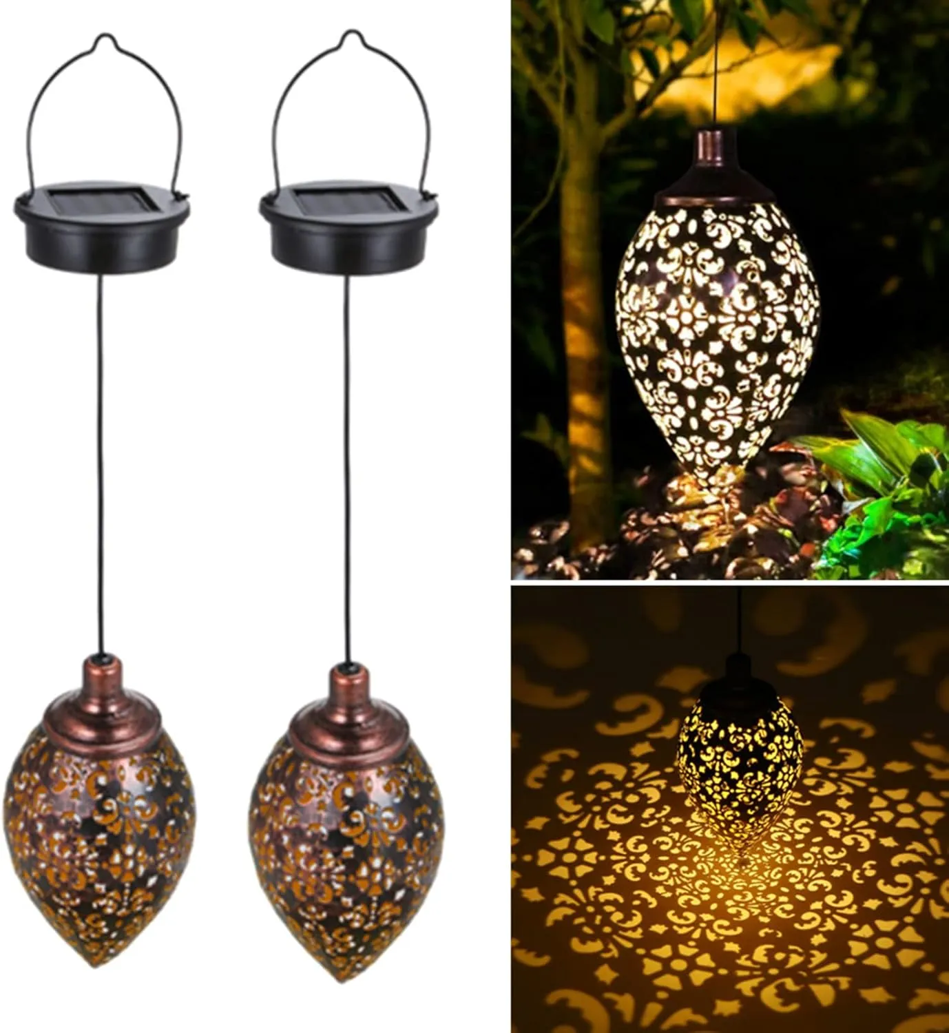 Hanging Solar Lights Solar Lantern LED Garden Lights Metal Lamp Waterproof for Outdoor Hanging Decor (2 Pack)