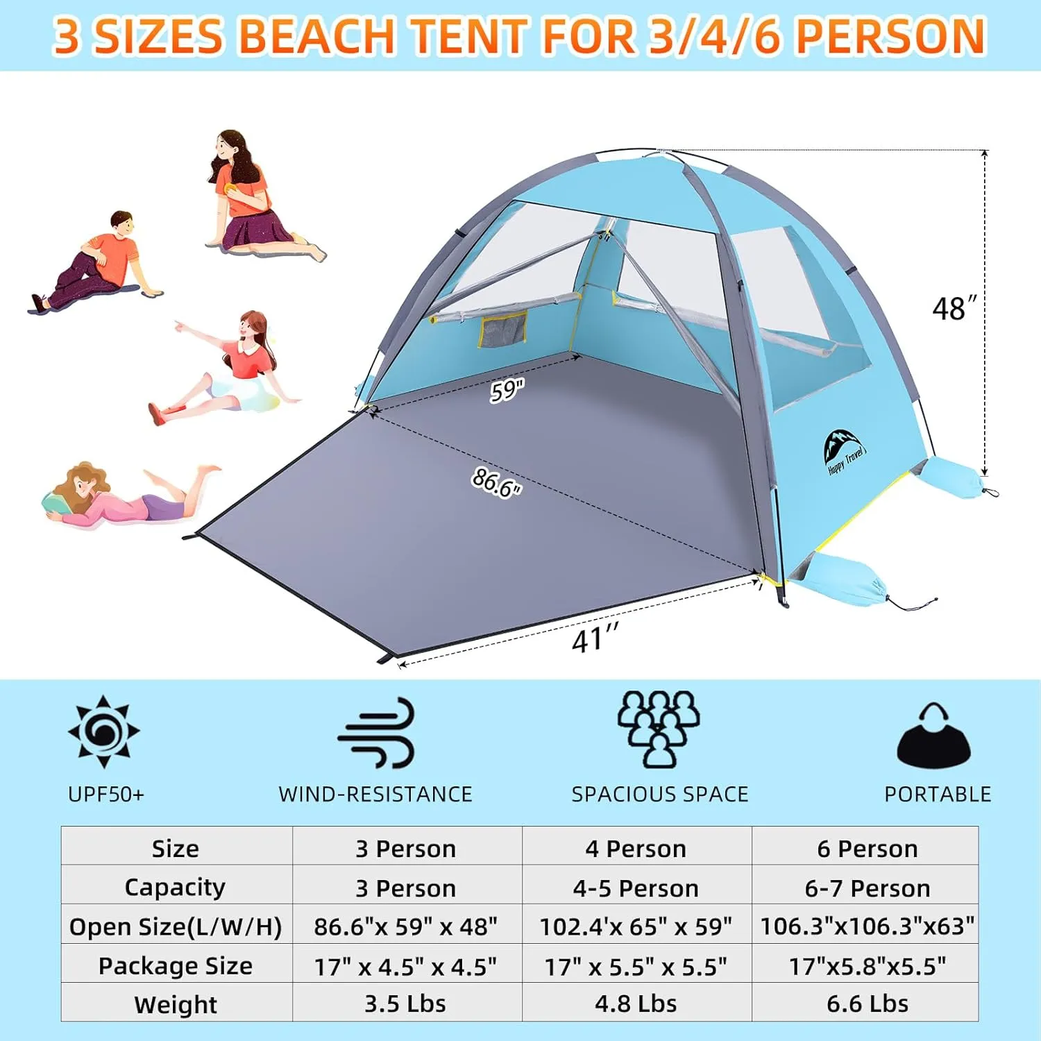 Happy Travel Beach Tent, UPF 50  UV Protection Sun Shade Shelter for 3/4/5/6/7/8 Person, Portable Beach Canopy for Family & Baby, Lightweight & Easy Setup Beach Cabana with 3 Ventilation Mesh Windows