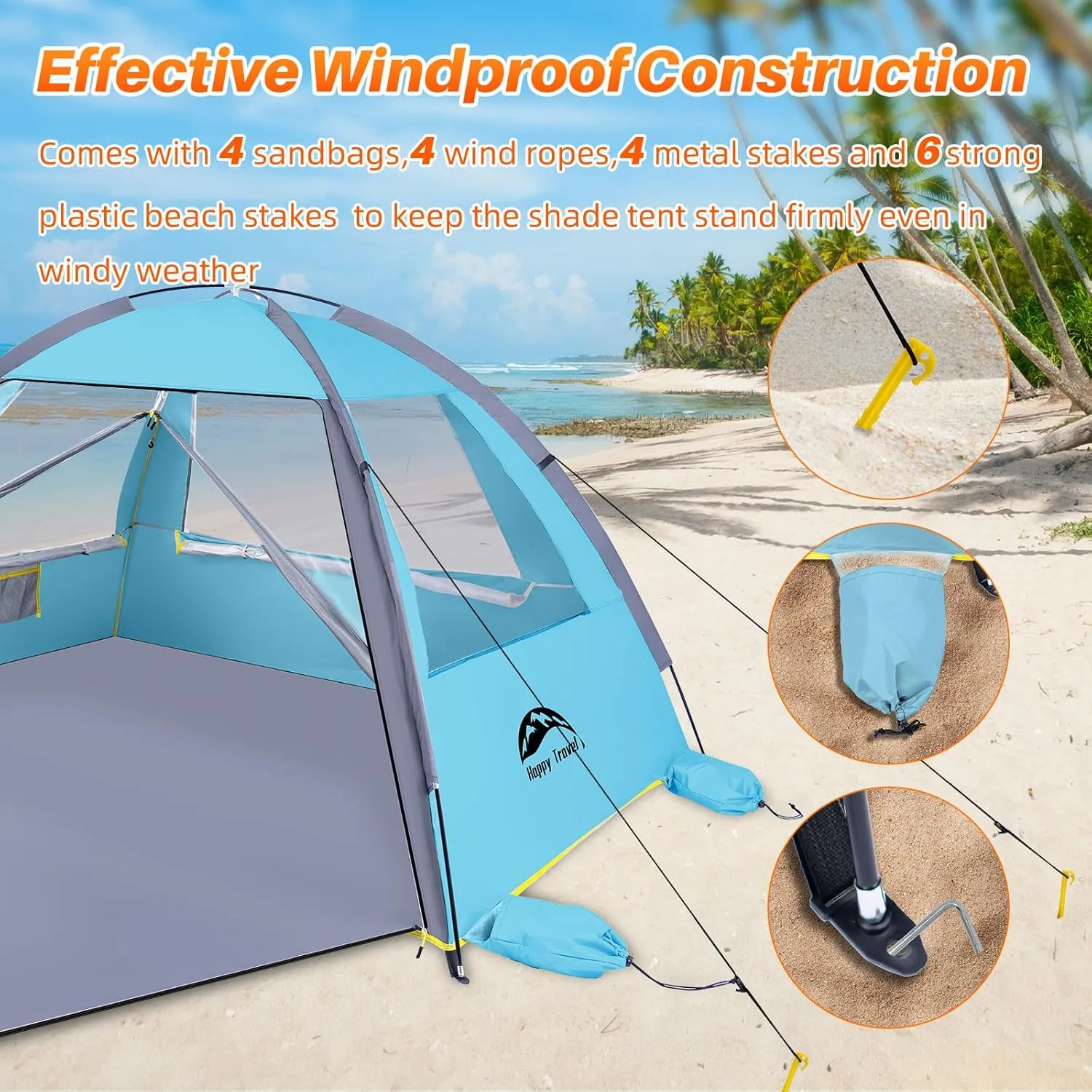 Happy Travel Beach Tent, UPF 50  UV Protection Sun Shade Shelter for 3/4/5/6/7/8 Person, Portable Beach Canopy for Family & Baby, Lightweight & Easy Setup Beach Cabana with 3 Ventilation Mesh Windows