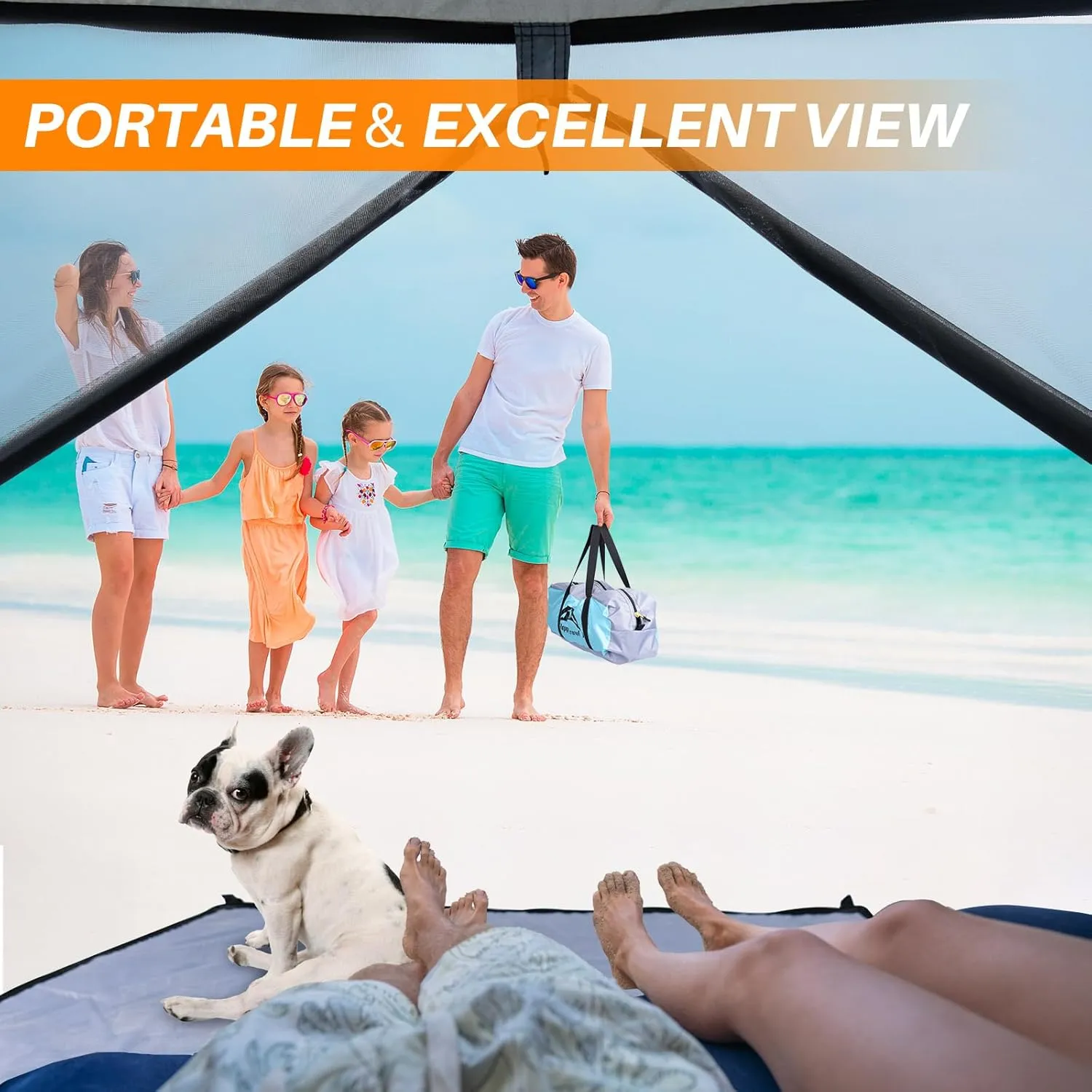 Happy Travel Beach Tent, UPF 50  UV Protection Sun Shade Shelter for 3/4/5/6/7/8 Person, Portable Beach Canopy for Family & Baby, Lightweight & Easy Setup Beach Cabana with 3 Ventilation Mesh Windows