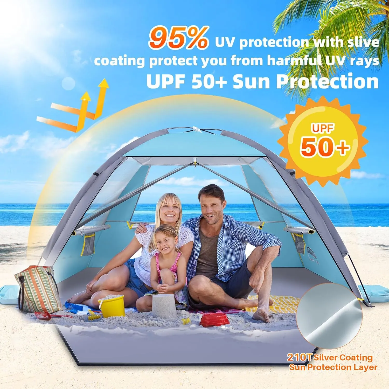 Happy Travel Beach Tent, UPF 50  UV Protection Sun Shade Shelter for 3/4/5/6/7/8 Person, Portable Beach Canopy for Family & Baby, Lightweight & Easy Setup Beach Cabana with 3 Ventilation Mesh Windows
