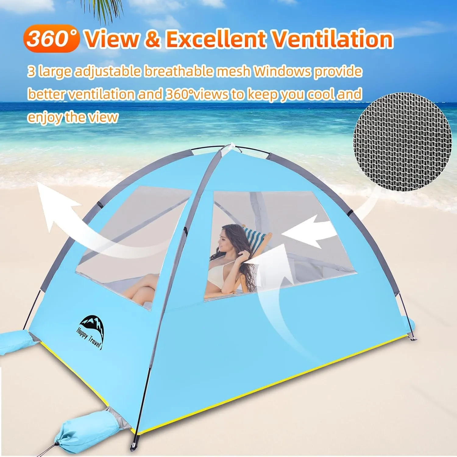 Happy Travel Beach Tent, UPF 50  UV Protection Sun Shade Shelter for 3/4/5/6/7/8 Person, Portable Beach Canopy for Family & Baby, Lightweight & Easy Setup Beach Cabana with 3 Ventilation Mesh Windows