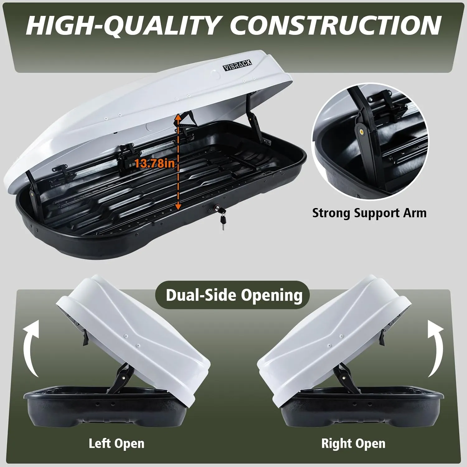 Hard Shell Roof Cargo Carrier, 13 Cubic Feet Storage, Durable ABS and PMMA Material, White Roof Box with Security Keys, Tool-Free Installation, Double-Sided Opening, 56" L x 30" W x 13.7" H