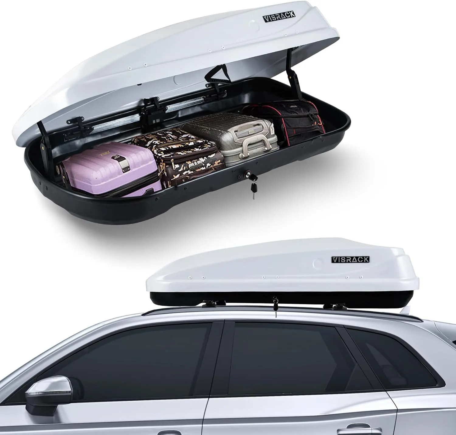 Hard Shell Roof Cargo Carrier, 13 Cubic Feet Storage, Durable ABS and PMMA Material, White Roof Box with Security Keys, Tool-Free Installation, Double-Sided Opening, 56" L x 30" W x 13.7" H