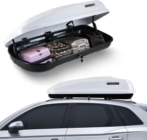 Hard Shell Roof Cargo Carrier, 13 Cubic Feet Storage, Durable ABS and PMMA Material, White Roof Box with Security Keys, Tool-Free Installation, Double-Sided Opening, 56" L x 30" W x 13.7" H
