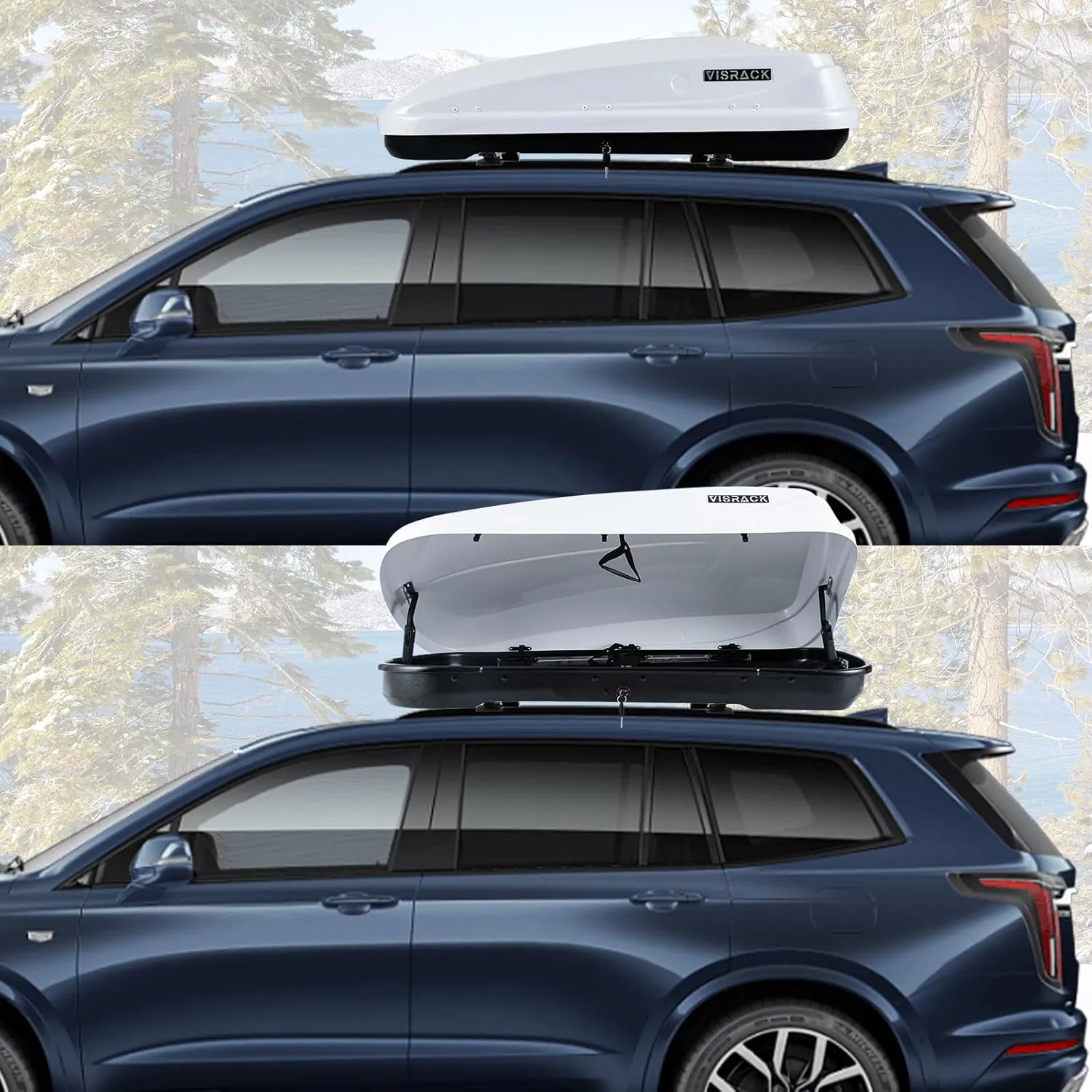 Hard Shell Roof Cargo Carrier, 13 Cubic Feet Storage, Durable ABS and PMMA Material, White Roof Box with Security Keys, Tool-Free Installation, Double-Sided Opening, 56" L x 30" W x 13.7" H