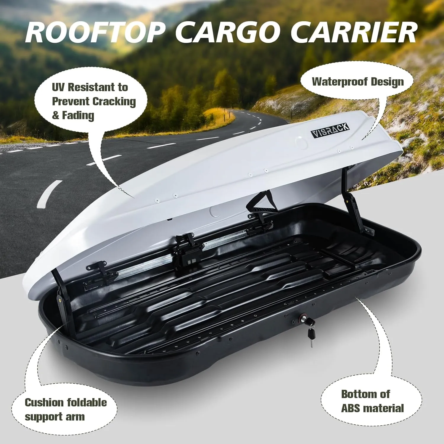 Hard Shell Roof Cargo Carrier, 13 Cubic Feet Storage, Durable ABS and PMMA Material, White Roof Box with Security Keys, Tool-Free Installation, Double-Sided Opening, 56" L x 30" W x 13.7" H