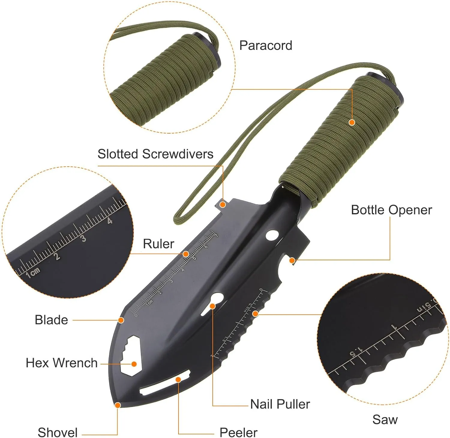 HARFINGTON 2pcs Multifunctional Camping Shovel 9 in 1 Multi-Purpose Backpacking Shovels with Carrying Bag for Outdoor Camping Hiking, Black Green