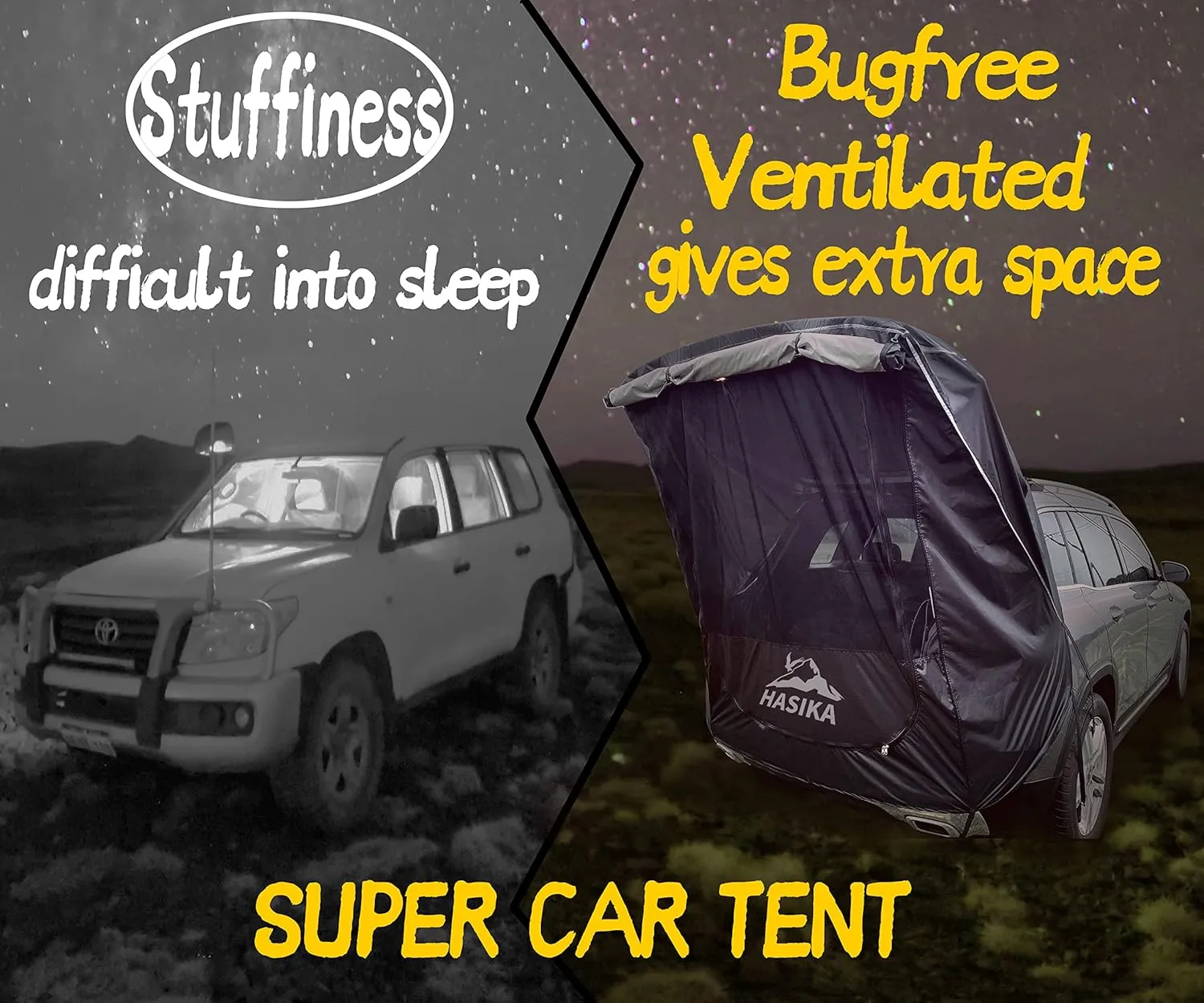 Hasika SUV Camping Tent Car Tailgate Shade Awning with Screen Net Waterproof 3000MM UPF 50  Black (Small)