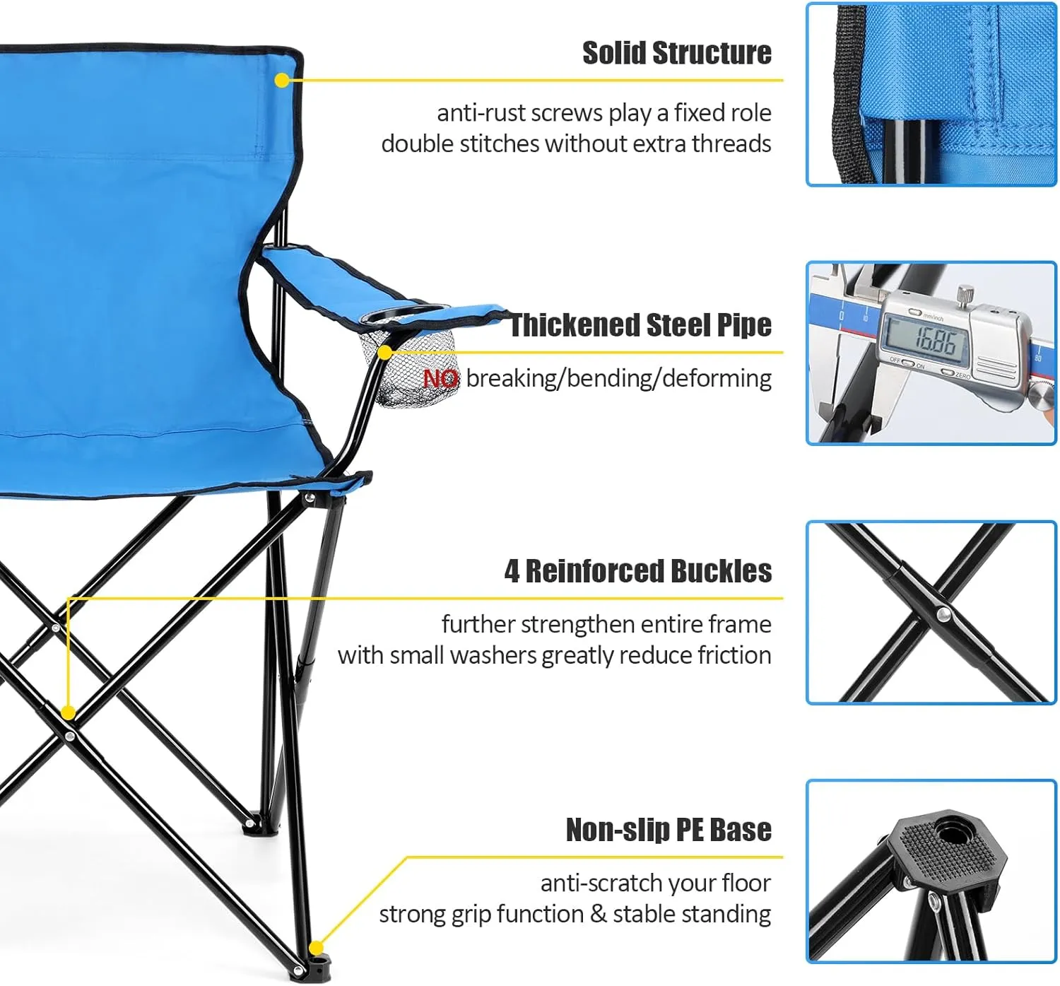 HaSteeL Folding Camping Chair & Carrying Bag, Foldable Camp Chair with Cup Holders for Adults, Portable for Lawn, Outdoors, Fishing, Hiking, Travel, Picnic, Beach, Oversized & Supports 275lbs (Blue)