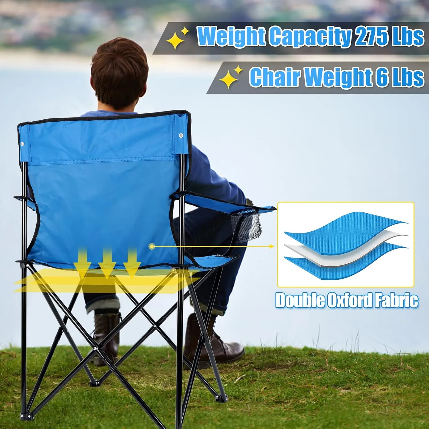 HaSteeL Folding Camping Chair & Carrying Bag, Foldable Camp Chair with Cup Holders for Adults, Portable for Lawn, Outdoors, Fishing, Hiking, Travel, Picnic, Beach, Oversized & Supports 275lbs (Blue)