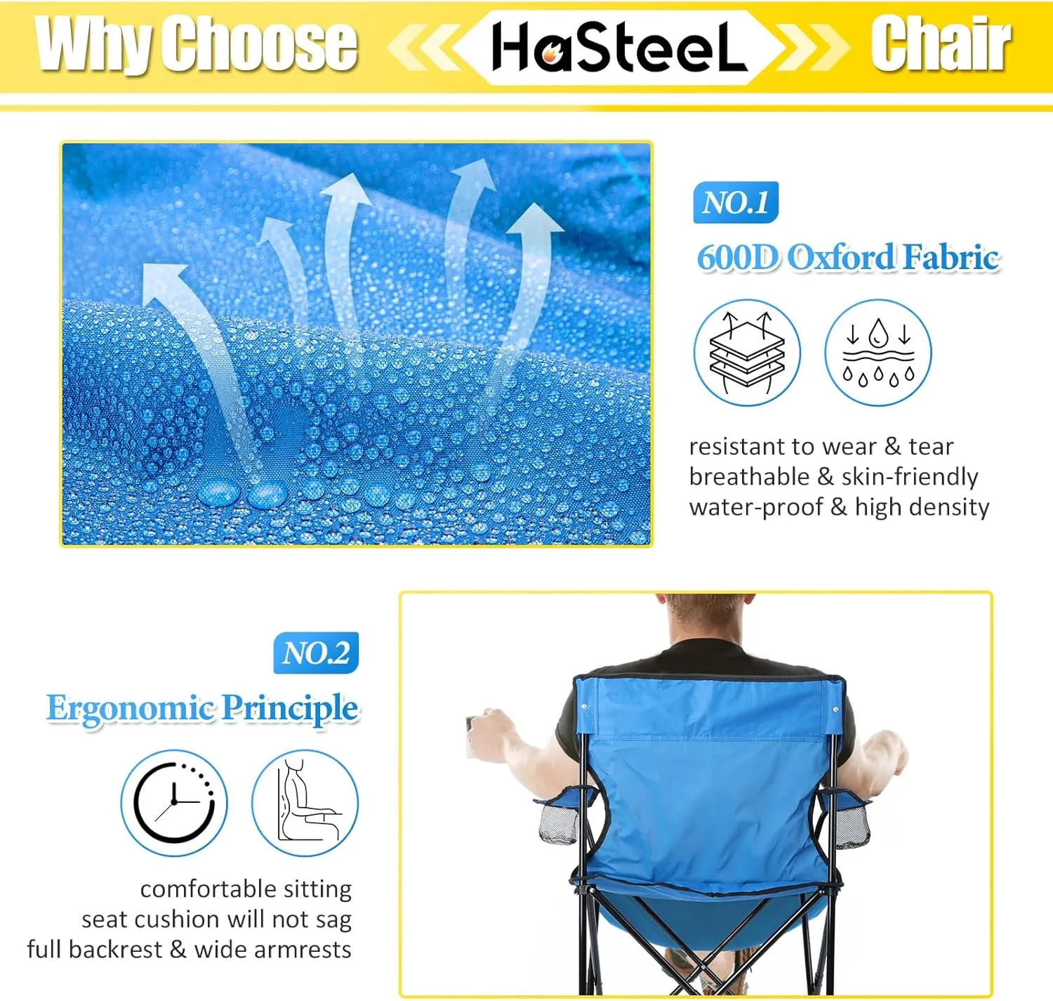 HaSteeL Folding Camping Chair & Carrying Bag, Foldable Camp Chair with Cup Holders for Adults, Portable for Lawn, Outdoors, Fishing, Hiking, Travel, Picnic, Beach, Oversized & Supports 275lbs (Blue)