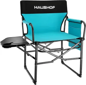 HAUSHOF Camping Chair with Side Table and Storage Pockets, Portable Folding Directors Chair, Heavy Duty Camp Chair for Adults Outdoor Fishing Beach, Blue