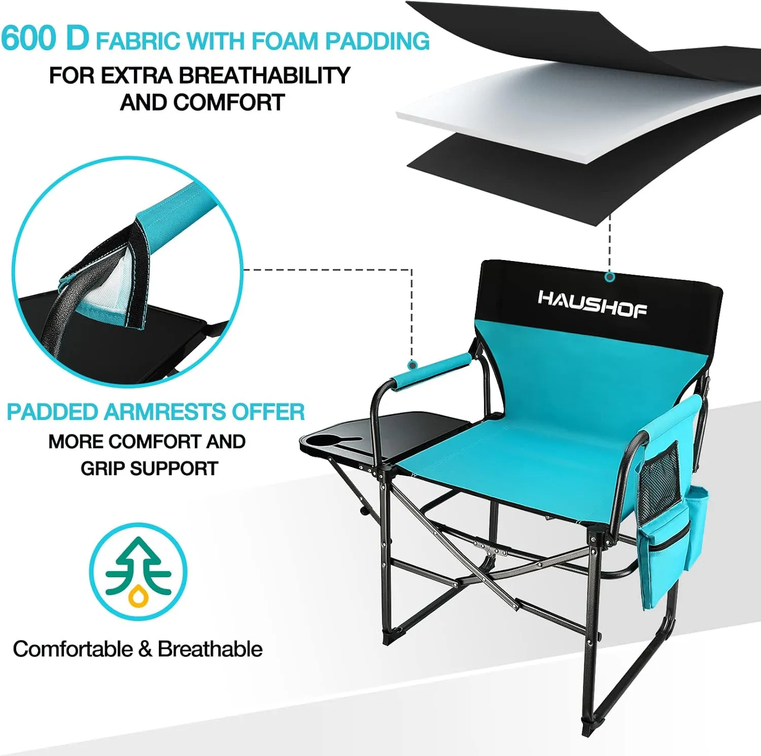 HAUSHOF Camping Chair with Side Table and Storage Pockets, Portable Folding Directors Chair, Heavy Duty Camp Chair for Adults Outdoor Fishing Beach, Blue