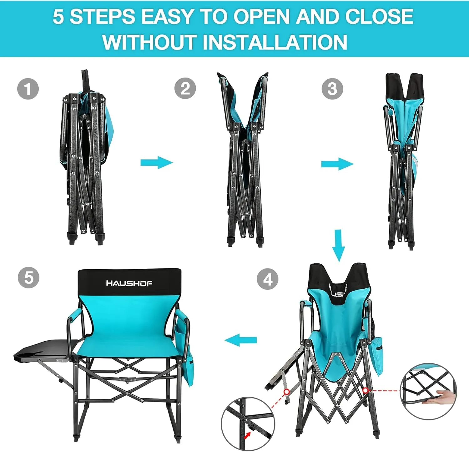 HAUSHOF Camping Chair with Side Table and Storage Pockets, Portable Folding Directors Chair, Heavy Duty Camp Chair for Adults Outdoor Fishing Beach, Blue