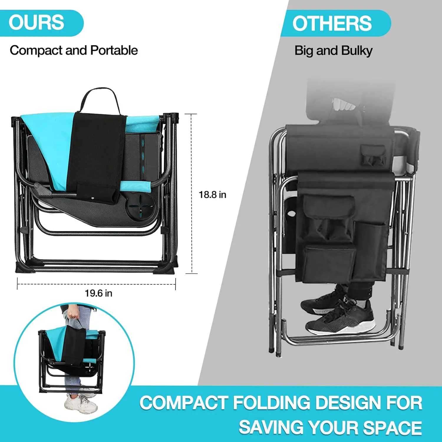 HAUSHOF Camping Chair with Side Table and Storage Pockets, Portable Folding Directors Chair, Heavy Duty Camp Chair for Adults Outdoor Fishing Beach, Blue