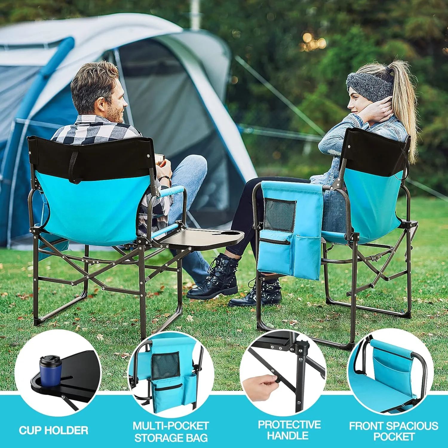 HAUSHOF Camping Chair with Side Table and Storage Pockets, Portable Folding Directors Chair, Heavy Duty Camp Chair for Adults Outdoor Fishing Beach, Blue