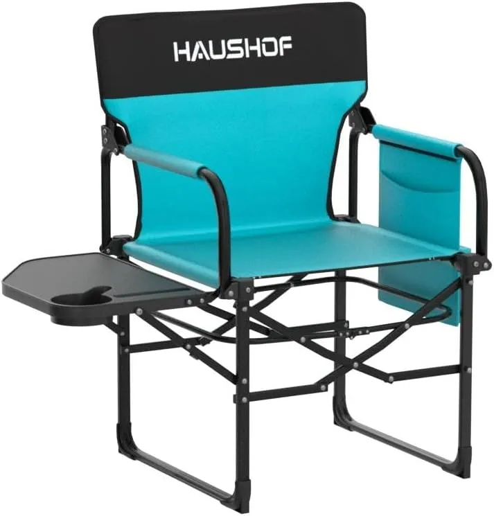 HAUSHOF Camping Chair with Side Table and Storage Pockets, Portable Folding Directors Chair, Heavy Duty Camp Chair for Adults Outdoor Fishing Beach, Blue
