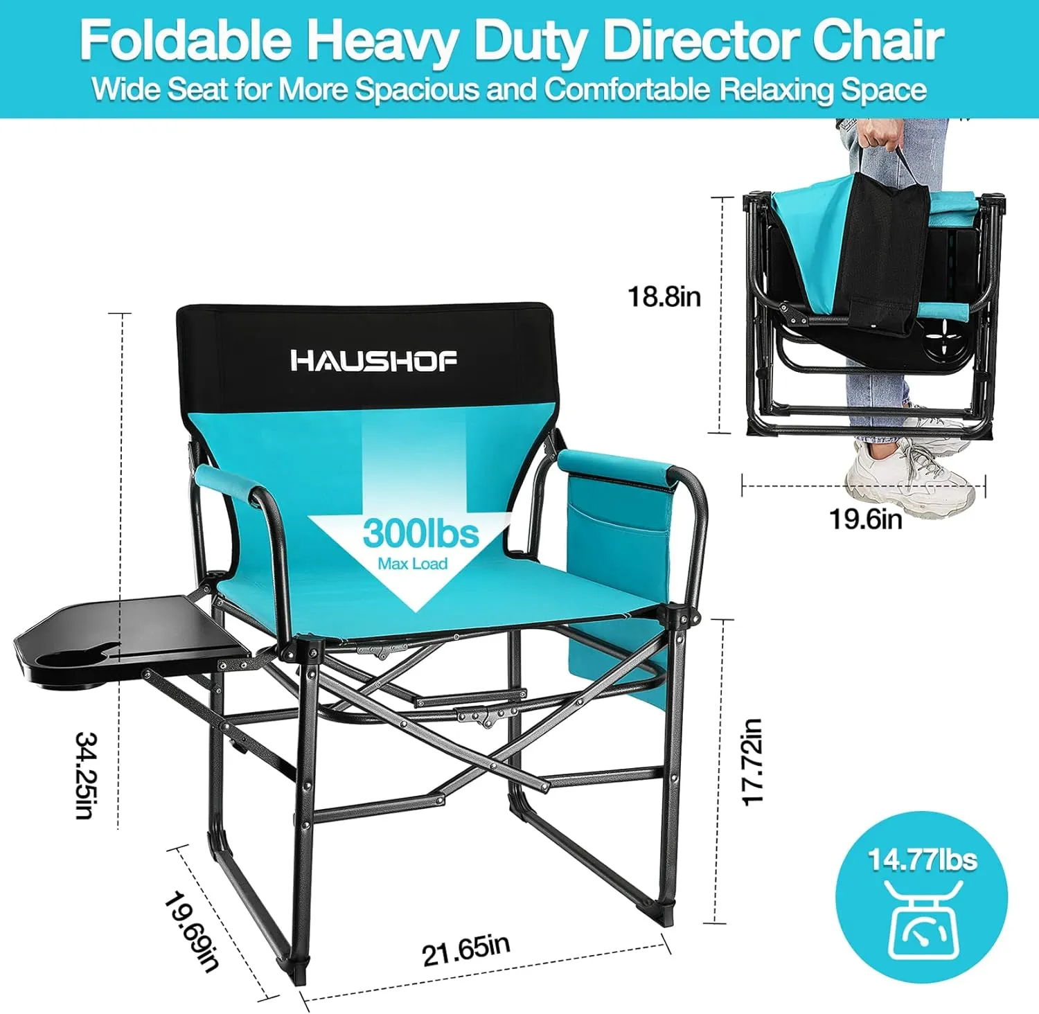 HAUSHOF Camping Chair with Side Table and Storage Pockets, Portable Folding Directors Chair, Heavy Duty Camp Chair for Adults Outdoor Fishing Beach, Blue