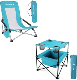 HAUSHOF High Back Beach Chair, Mesh Back Folding Chair, Lightweight Low Seat Camping Chairs and VILLEY Portable Camping Picnic Table, Lightweight Folding Beach Table with 4 Cup Holders and Carry Bag