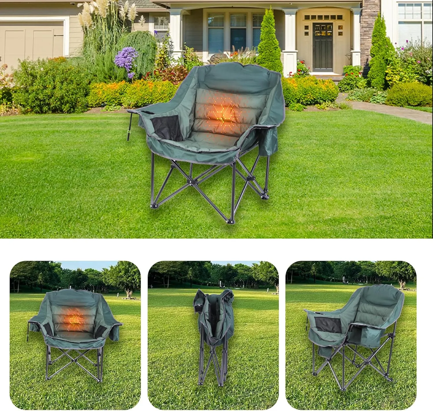 Heated Camping Chair, Heated Chair, Heated Camping Chairs for Adults, Oversized Camping Chair, XL Padded Chair with Cooler, Cupholder & Carry Bag, Heavy Duty for Outdoor Activities (2 Pack)