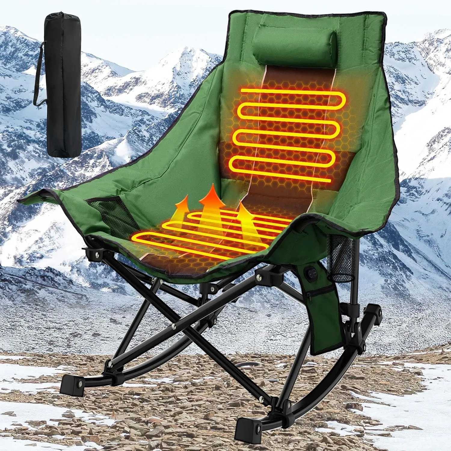 Heated Camping Chair Oversize, XL Heated Rocking Chair with 3 Levels for Back and Seat, Portable Outdoor Heated Folding Chair, Heavy Lawn Chair for Camping