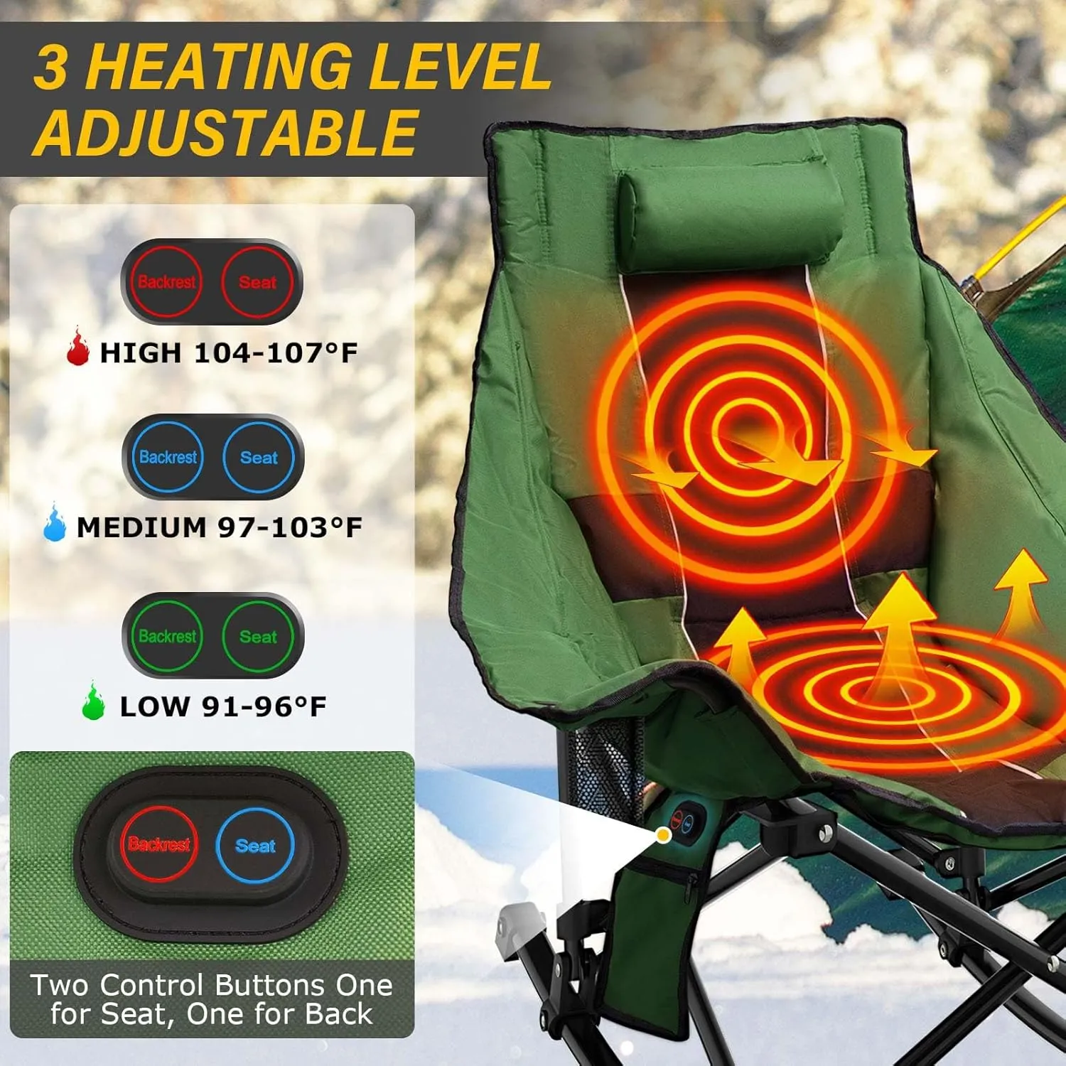 Heated Camping Chair Oversize, XL Heated Rocking Chair with 3 Levels for Back and Seat, Portable Outdoor Heated Folding Chair, Heavy Lawn Chair for Camping