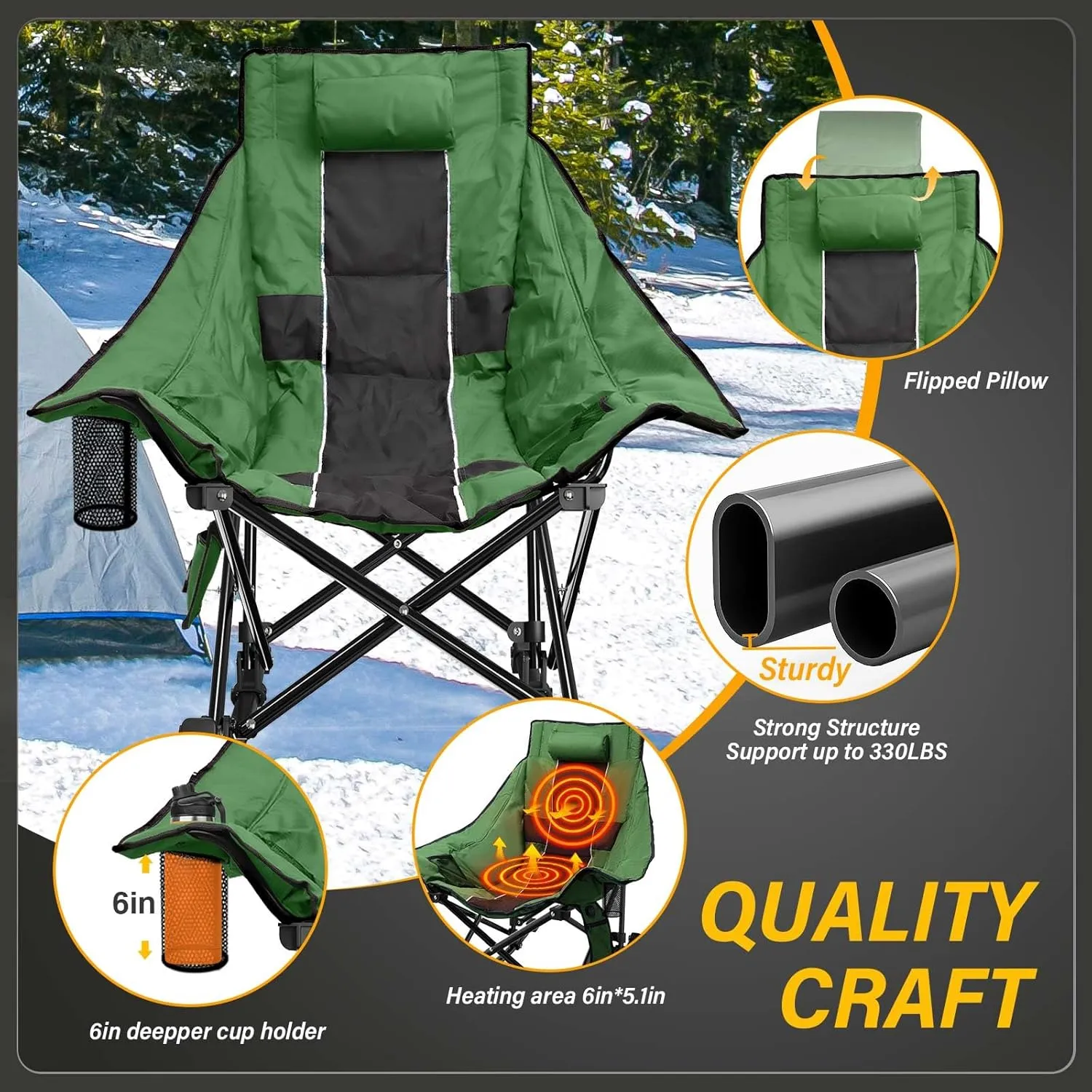 Heated Camping Chair Oversize, XL Heated Rocking Chair with 3 Levels for Back and Seat, Portable Outdoor Heated Folding Chair, Heavy Lawn Chair for Camping