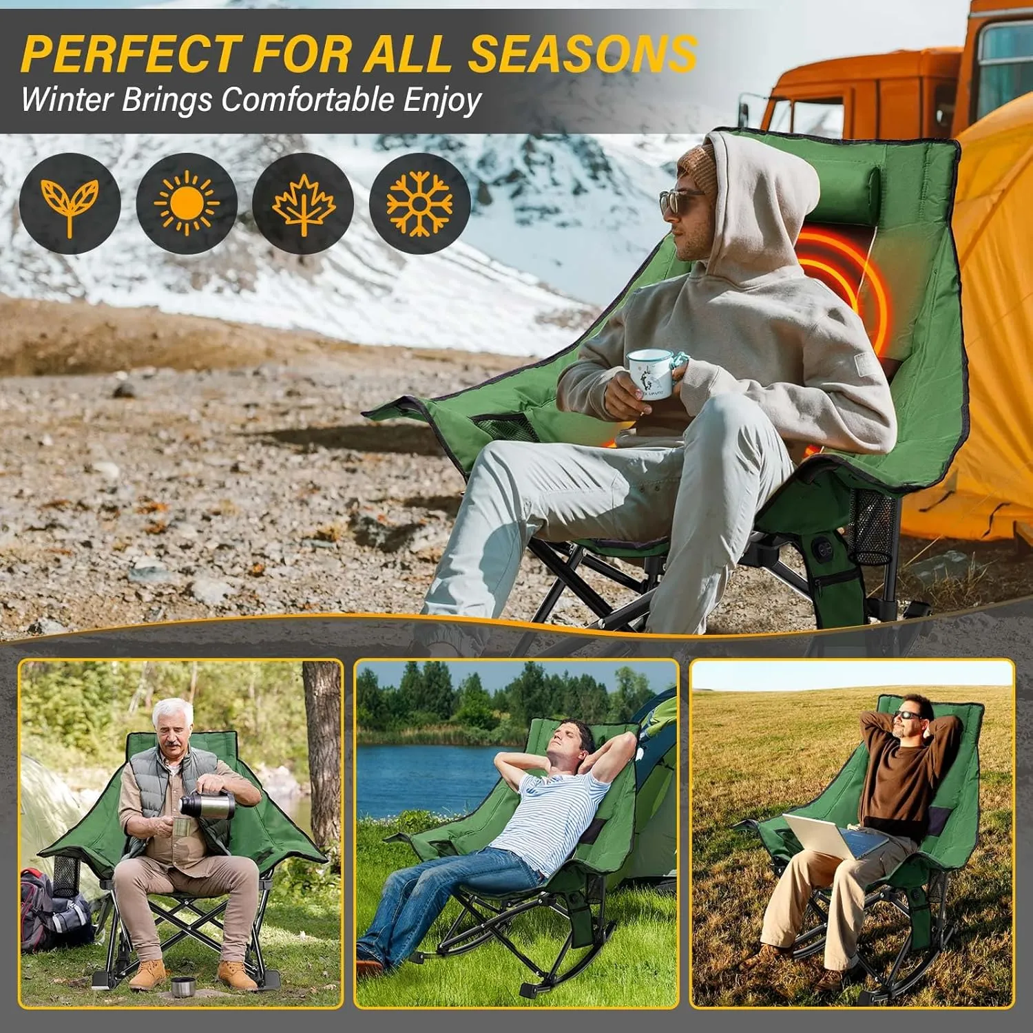 Heated Camping Chair Oversize, XL Heated Rocking Chair with 3 Levels for Back and Seat, Portable Outdoor Heated Folding Chair, Heavy Lawn Chair for Camping